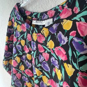 1980s Black Cap Sleeve Top with Multicolor Rose Print
